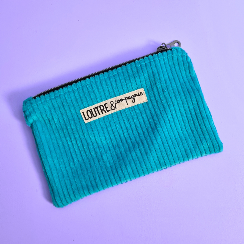 Pochette velours côtelé - bleu turquoise et léo rainbow